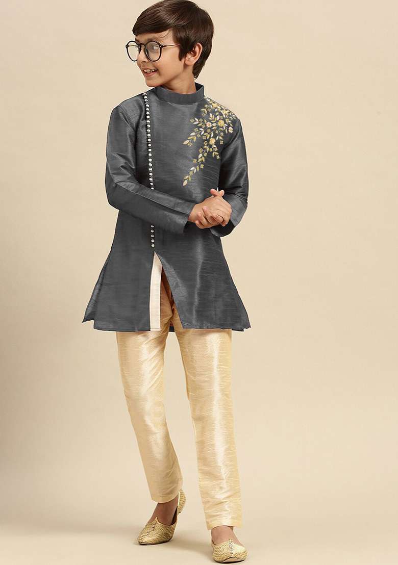 Dark Grey Embroidery Silk Kurta With Bottom For Boys - Indya