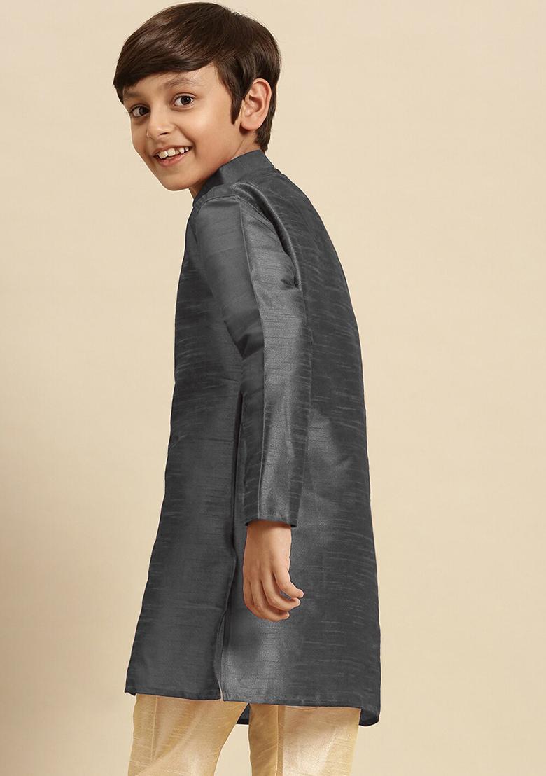 Dark Grey Embroidery Silk Kurta With Bottom For Boys - Indya