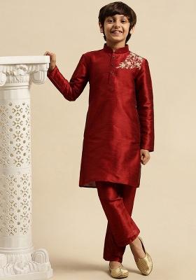 Maroon Embroidery Silk Kurta With Bottom For Boys