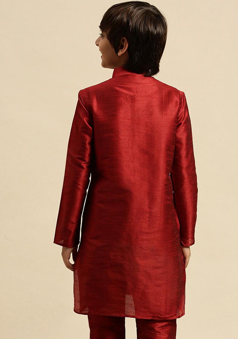 Maroon Embroidery Silk Kurta With Bottom For Boys - Indya