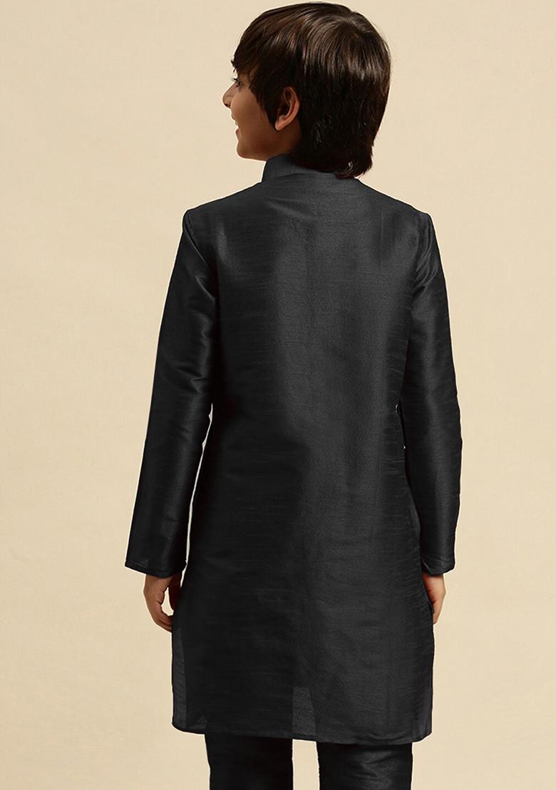Black Embroidery Silk Kurta With Bottom For Boys - Indya