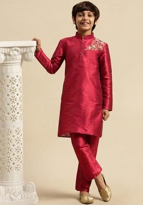 Magenta Embroidery Silk Kurta With Bottom For Boys