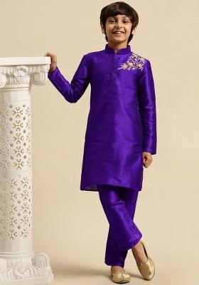 Royal Blue Embroidery Silk Kurta With Bottom For Boys