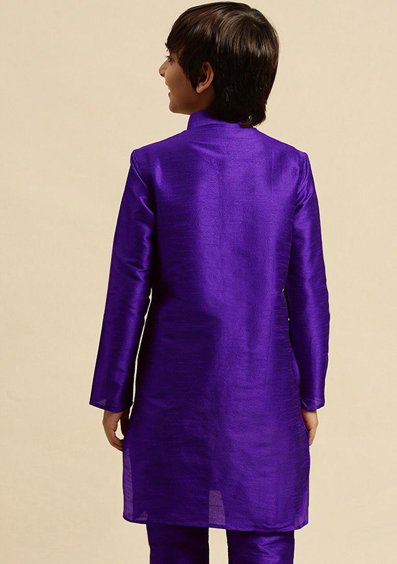 Royal Blue Embroidery Silk Kurta With Bottom For Boys - Indya