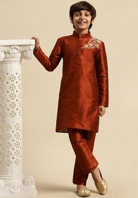 Dark Maroon Embroidery Silk Kurta With Bottom For Boys