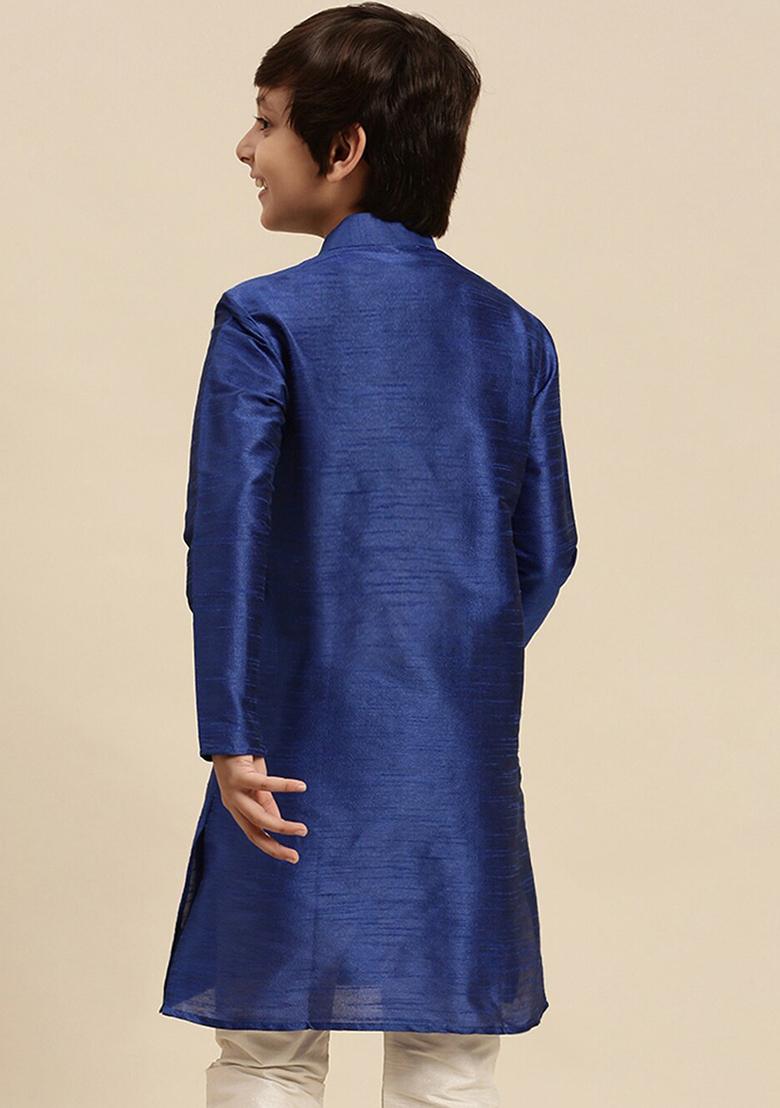 Navy Blue Embroidery Silk Kurta With Bottom For Boys - Indya