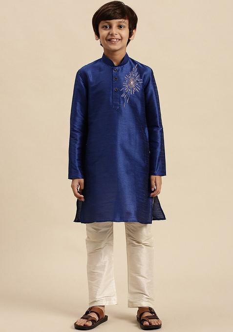 Navy Blue Embroidery Silk Kurta With Bottom For Boys