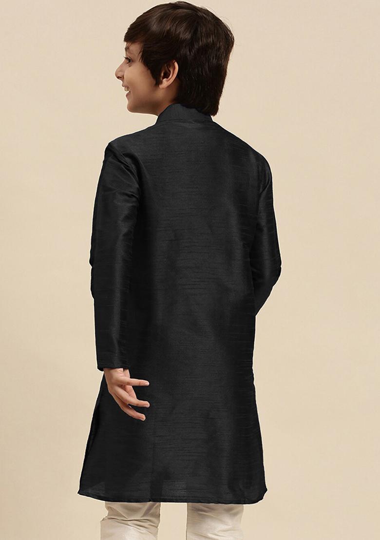 Black Embroidery Silk Kurta With Bottom For Boys - Indya