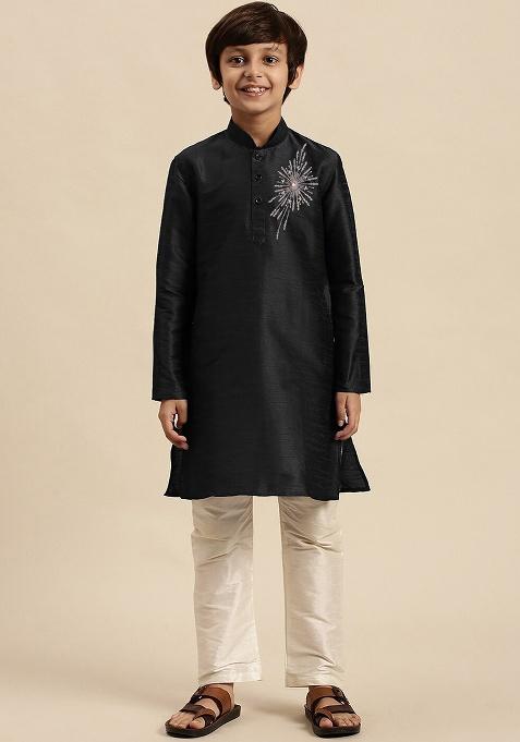 Black Embroidery Silk Kurta With Bottom For Boys