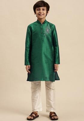 Green Embroidery Silk Kurta With Bottom For Boys