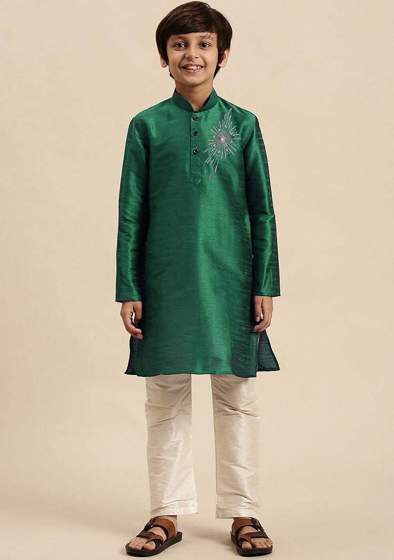 Green Embroidery Silk Kurta With Bottom For Boys - Indya