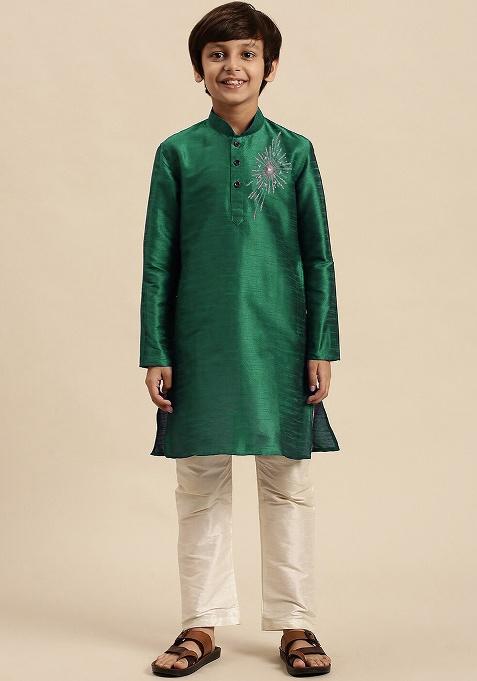 Green Embroidery Silk Kurta With Bottom For Boys