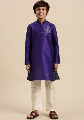 Royal Blue Embroidery Silk Kurta With Bottom For Boys