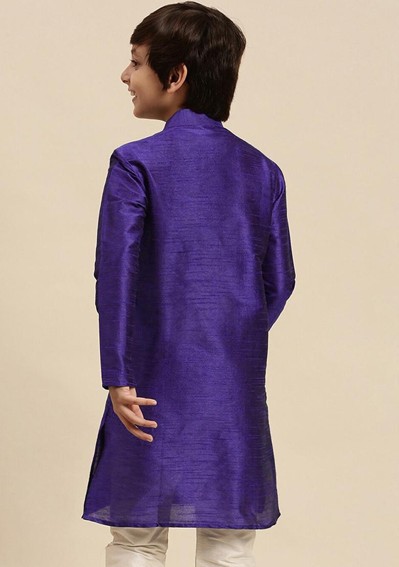 Royal Blue Embroidery Silk Kurta With Bottom For Boys - Indya