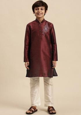 Wine Embroidery Silk Kurta With Bottom For Boys