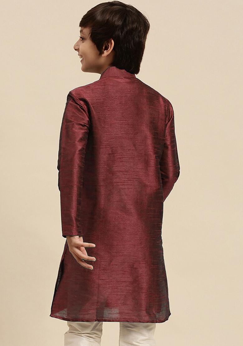 Wine Embroidery Silk Kurta With Bottom For Boys - Indya