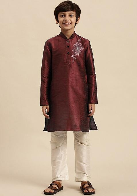 Wine Embroidery Silk Kurta With Bottom For Boys