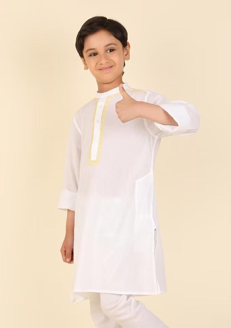White Embroidery Cotton Kurta For Boys - Indya