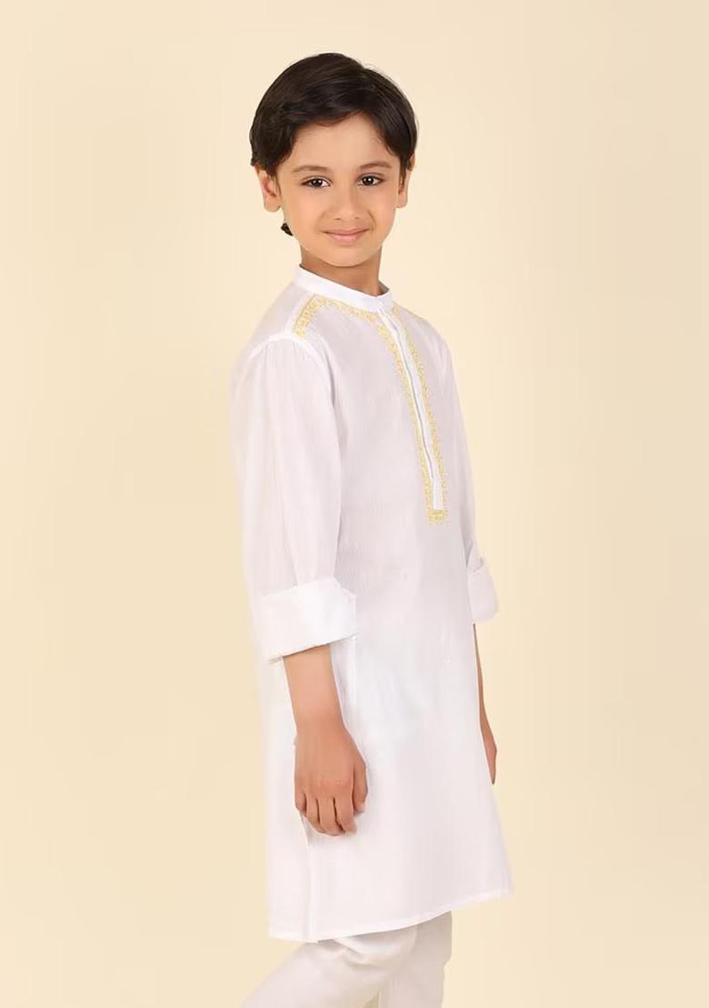 White Embroidery Cotton Kurta For Boys - Indya