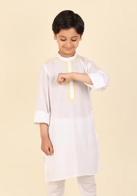 White Embroidery Cotton Kurta For Boys