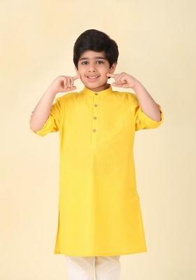 Yellow Plain Cotton Kurta For Boys