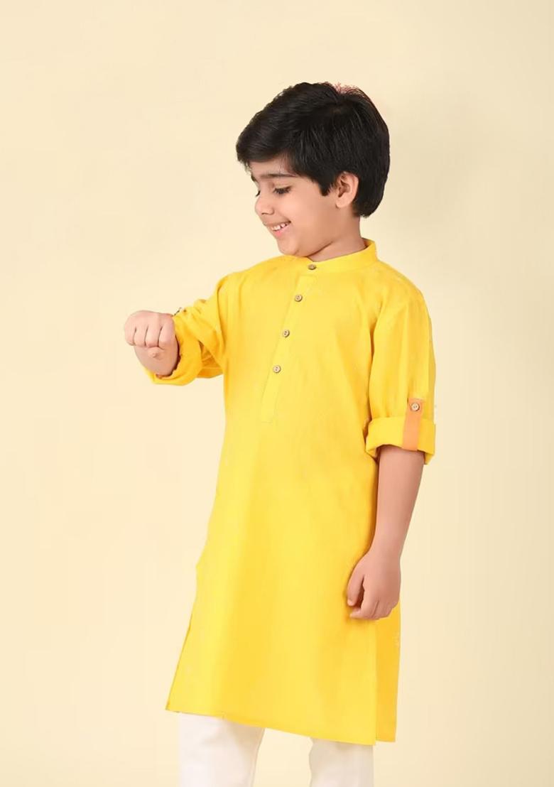 Yellow Plain Cotton Kurta For Boys - Indya
