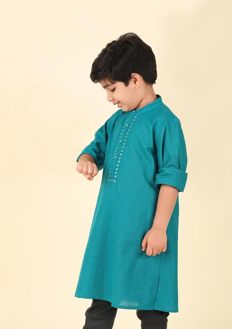 Turquoise Embroidery Cotton Kurta For Boys - Indya