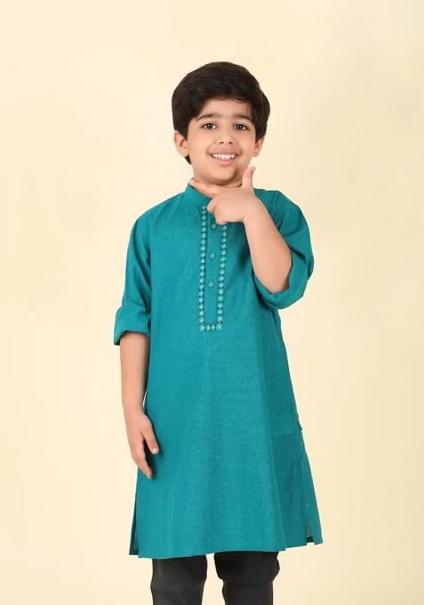 Turquoise Embroidery Cotton Kurta For Boys