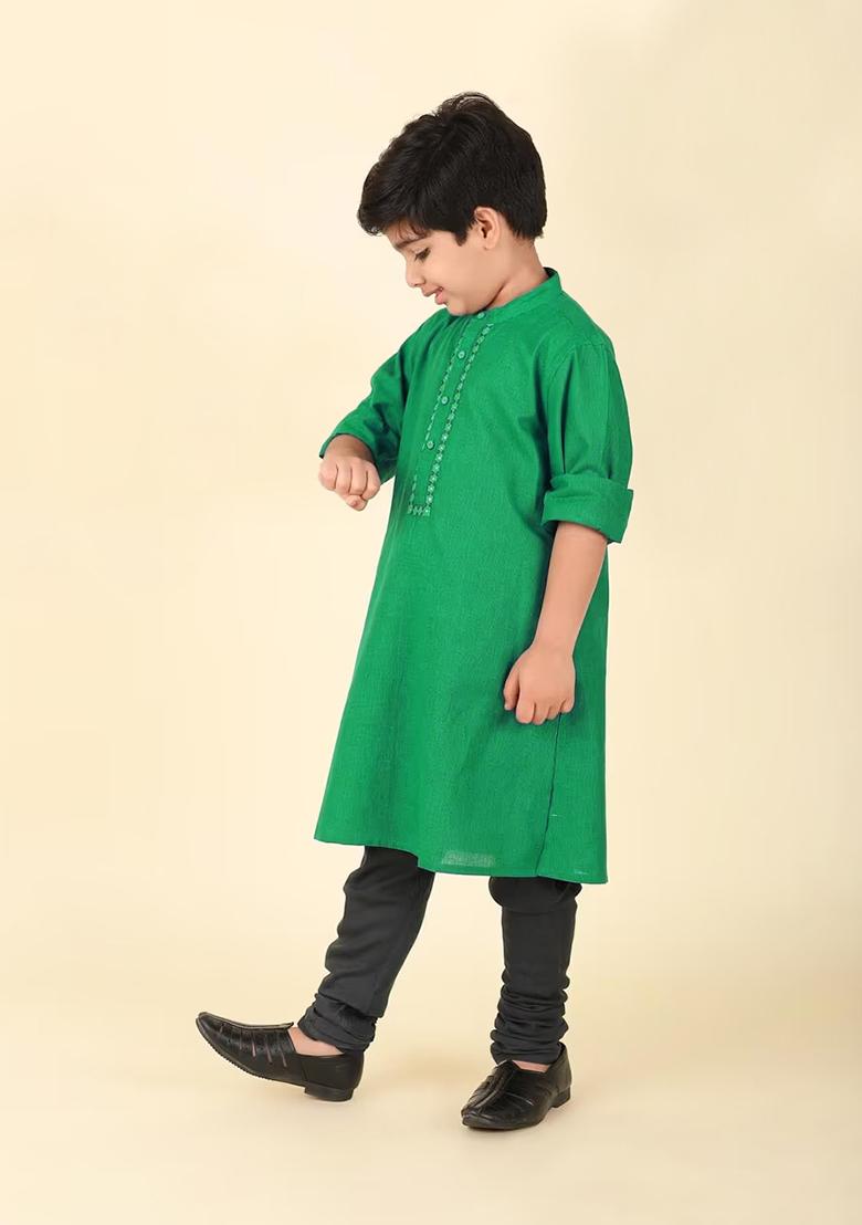 Green Embroidery Cotton Kurta For Boys - Indya
