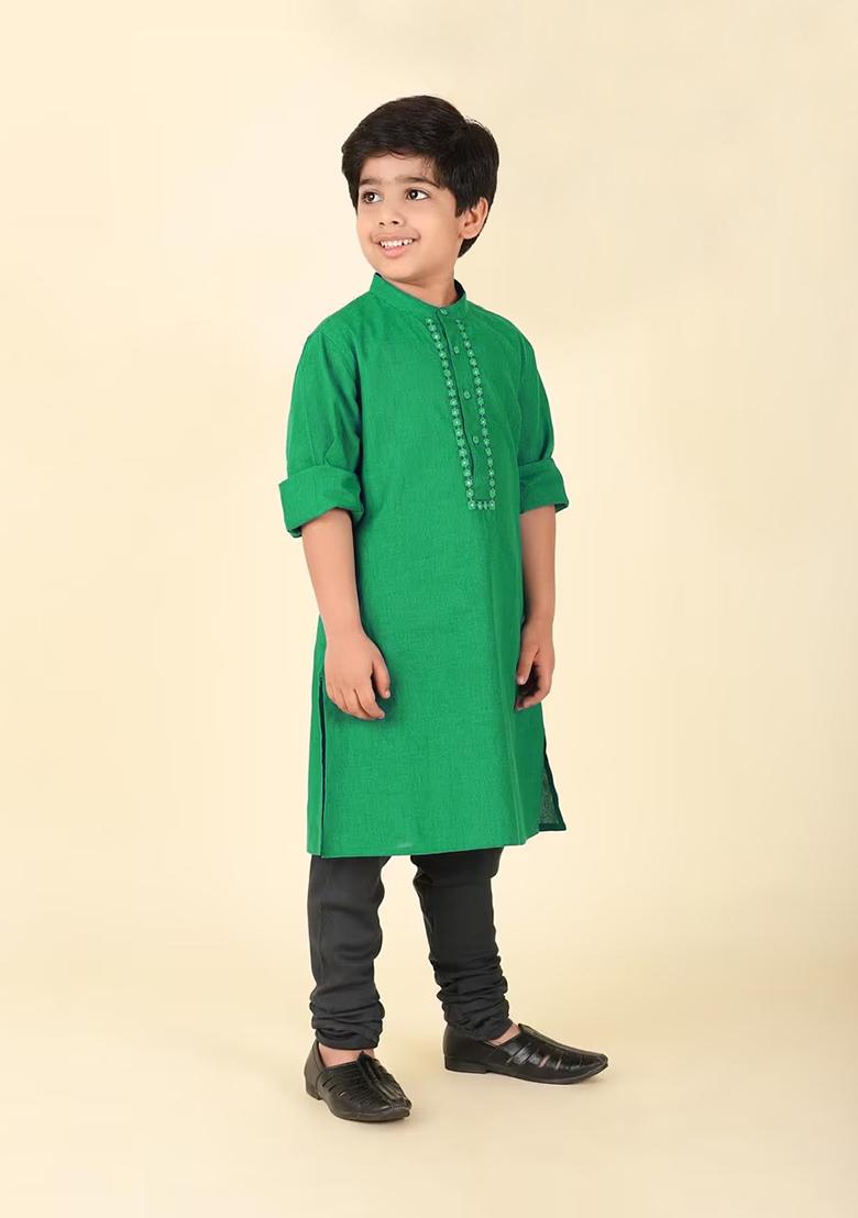 Green Embroidery Cotton Kurta For Boys - Indya