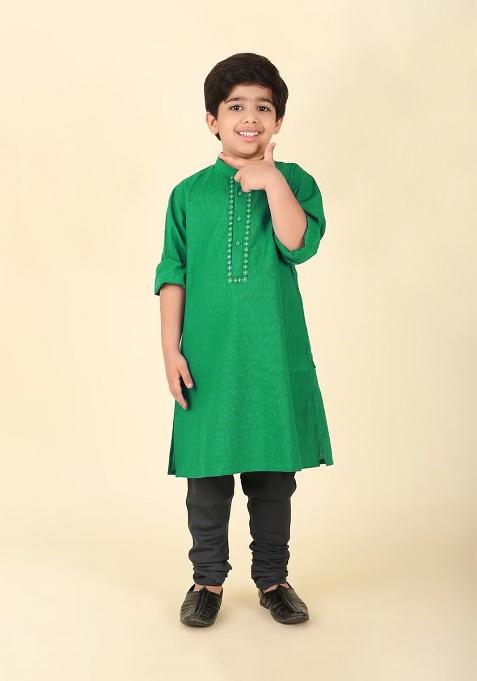 Green Embroidery Cotton Kurta For Boys