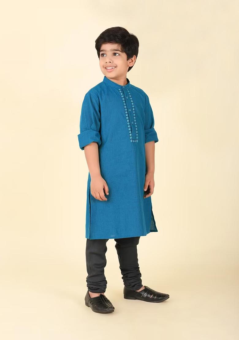 Blue Embroidery Cotton Kurta For Boys - Indya