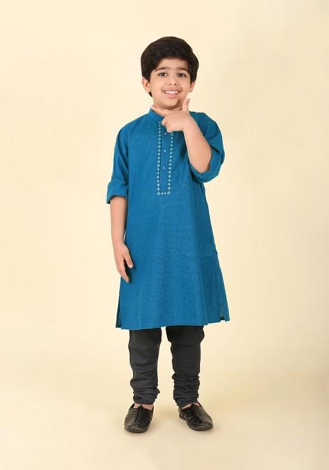 Blue Embroidery Cotton Kurta For Boys