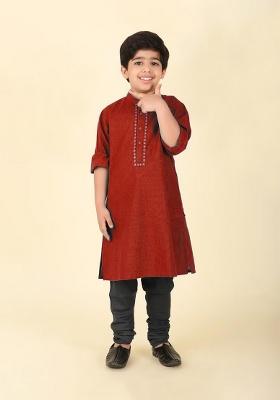 Maroon Embroidery Cotton Kurta For Boys