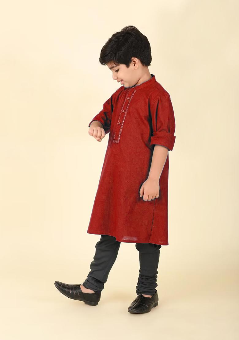 Maroon Embroidery Cotton Kurta For Boys - Indya