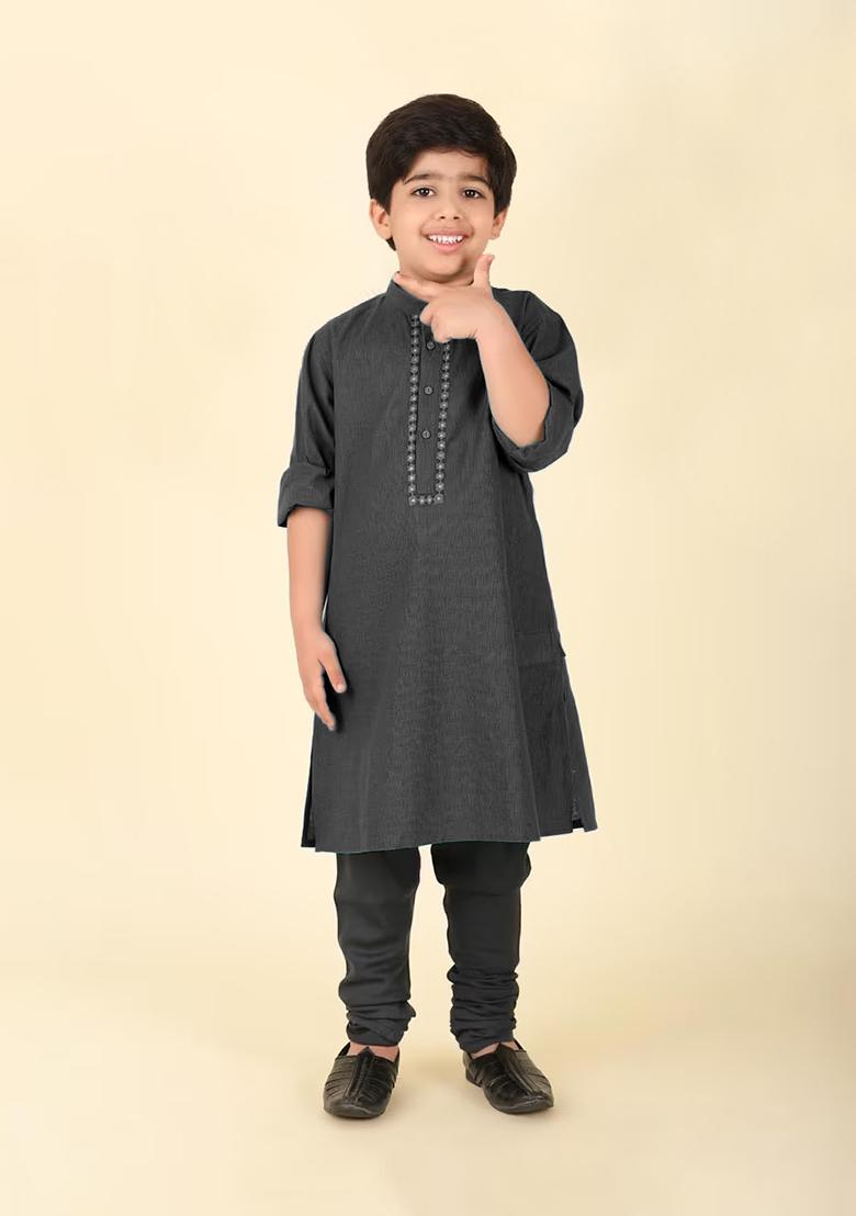 Black Embroidery Cotton Kurta For Boys - Indya