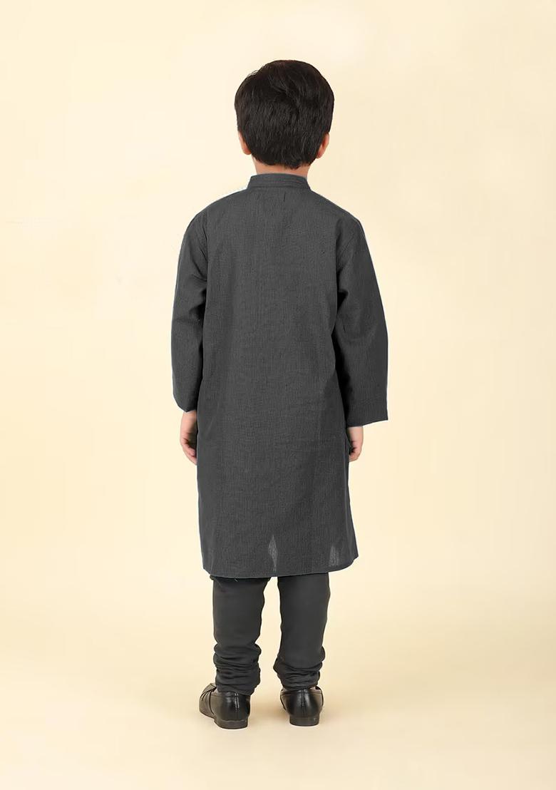 Black Embroidery Cotton Kurta For Boys - Indya