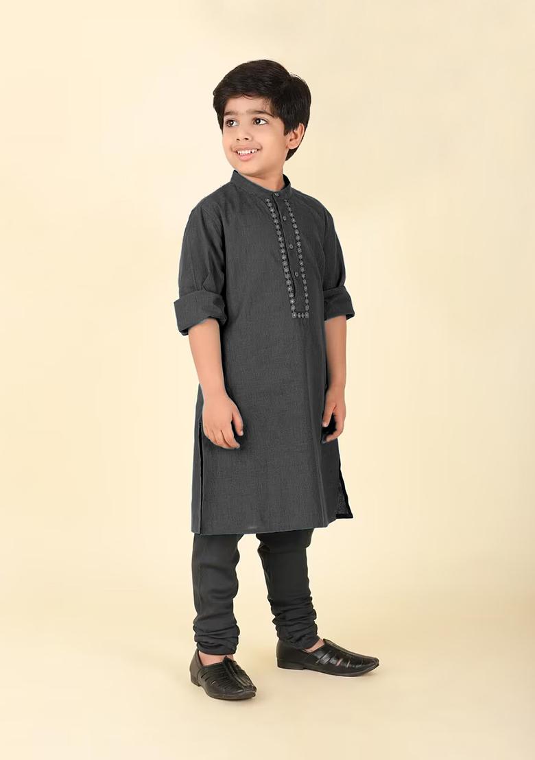 Black Embroidery Cotton Kurta For Boys - Indya
