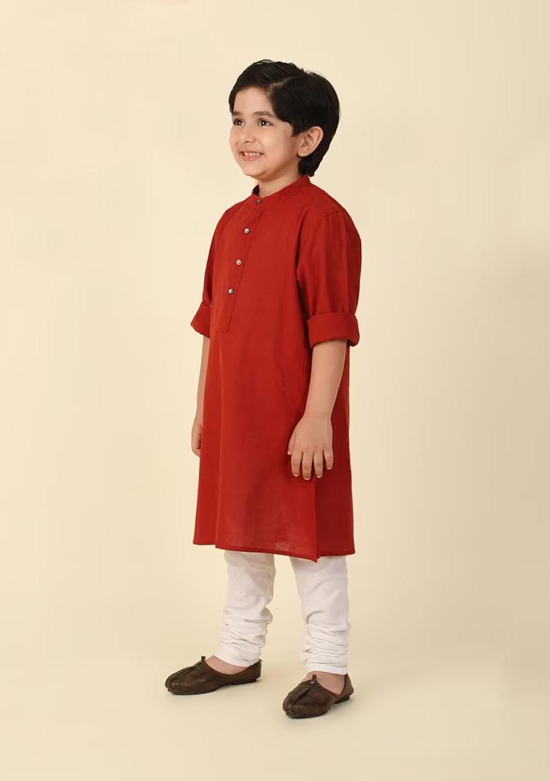Maroon Plain Cotton Kurta For Boys - Indya
