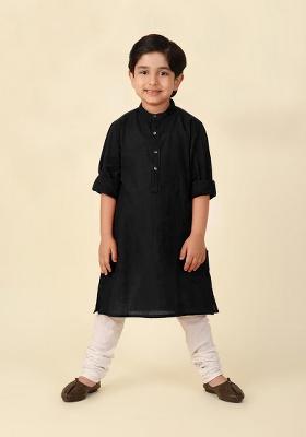 Black Plain Cotton Kurta For Boys