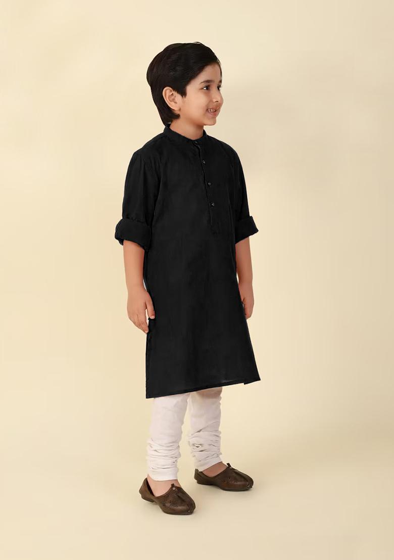 Black Plain Cotton Kurta For Boys - Indya