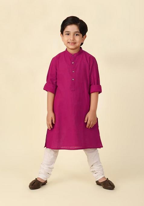 Magenta Plain Cotton Kurta For Boys
