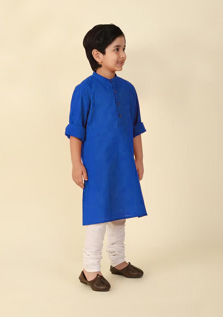 Royal Blue Plain Cotton Kurta For Boys - Indya