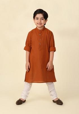 Rust Plain Cotton Kurta For Boys