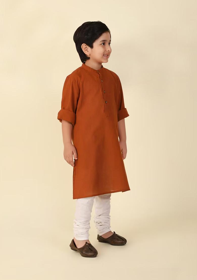 Rust Plain Cotton Kurta For Boys - Indya