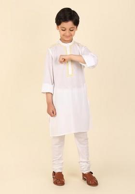White Embroidery Cotton Kurta With Bottom For Boys