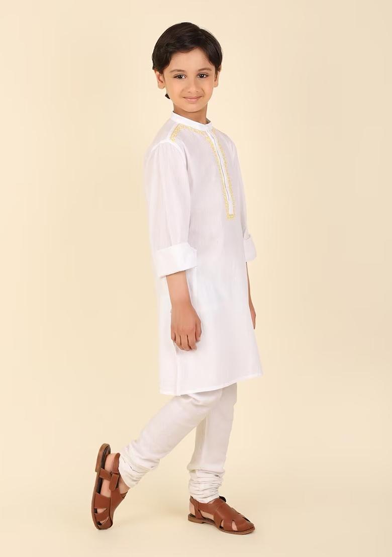 White Embroidery Cotton Kurta With Bottom For Boys - Indya