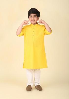 Yellow Plain Cotton Kurta With Bottom For Boys