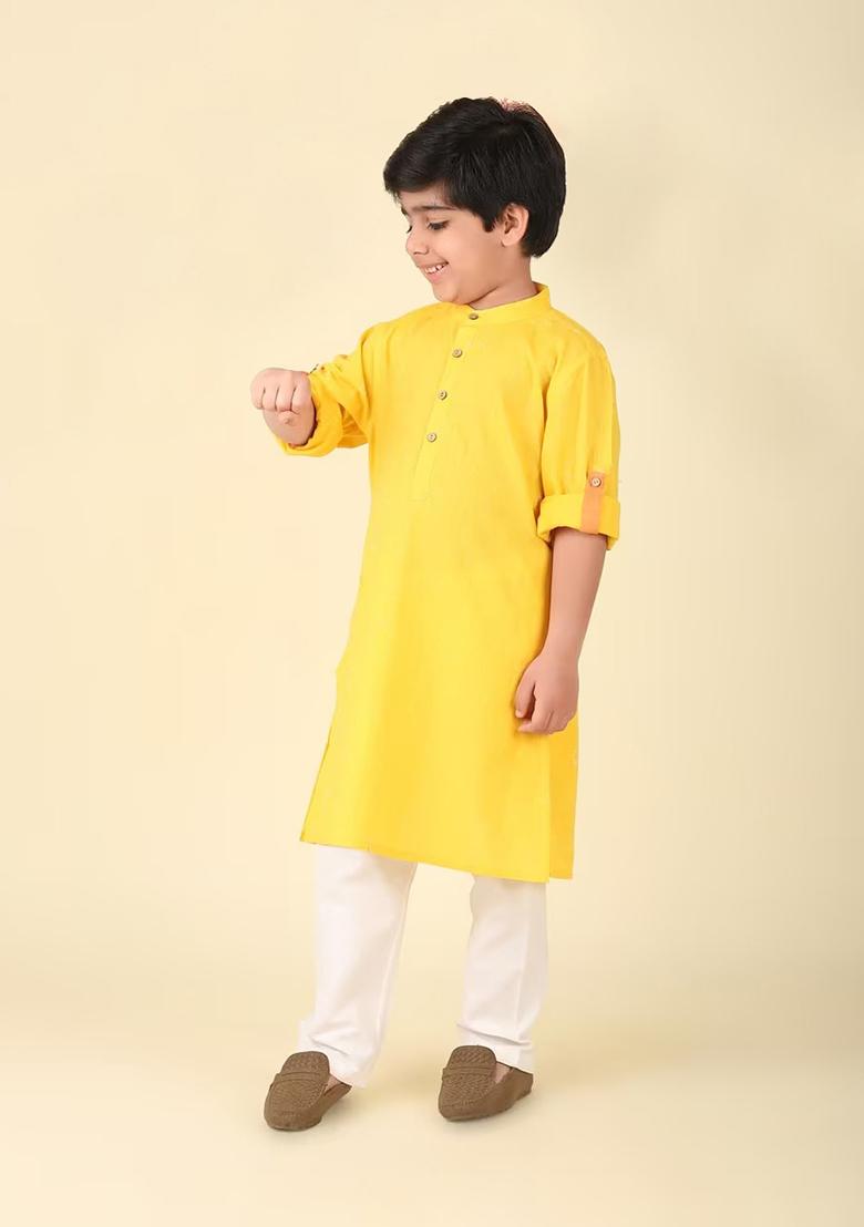 Yellow Plain Cotton Kurta With Bottom For Boys - Indya