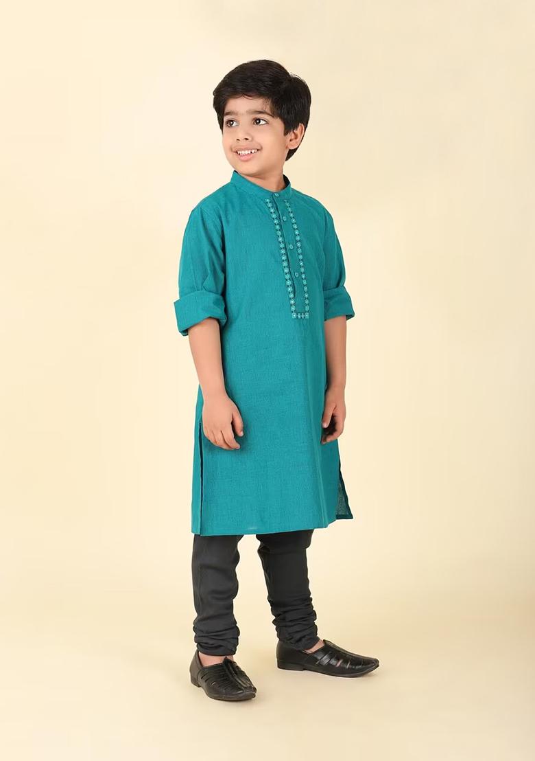 Turquoise Embroidery Cotton Kurta With Bottom For Boys - Indya